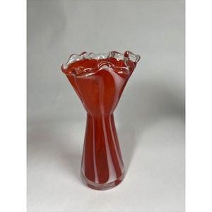 Art Glass Vase Hand Blown Red White Candy  Striped Vase 6 Inches